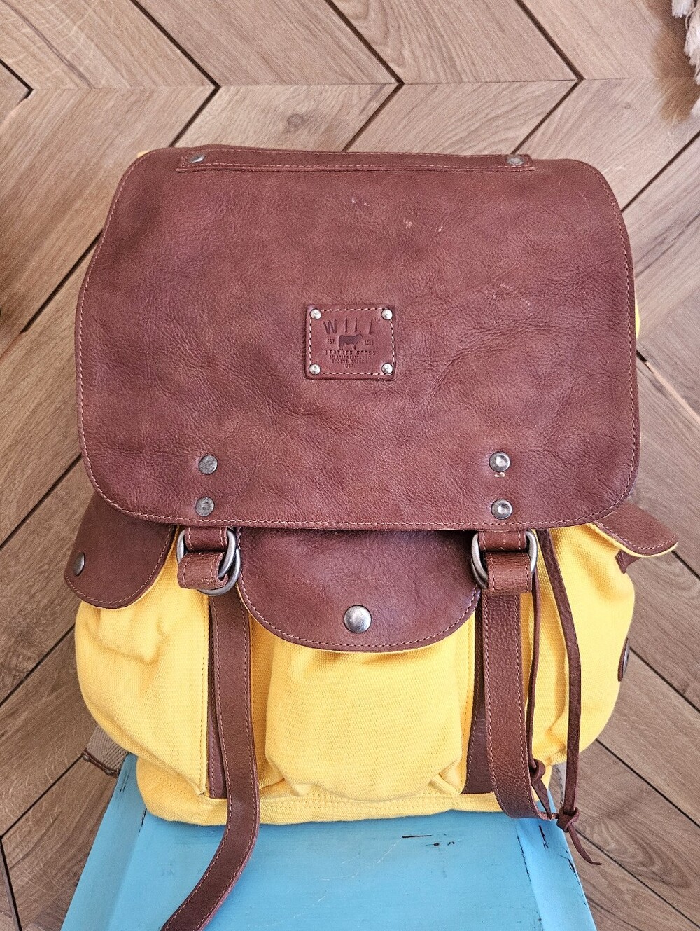 Will Leather Goods Yellow Canvas and Brown Leather Backpack NEW